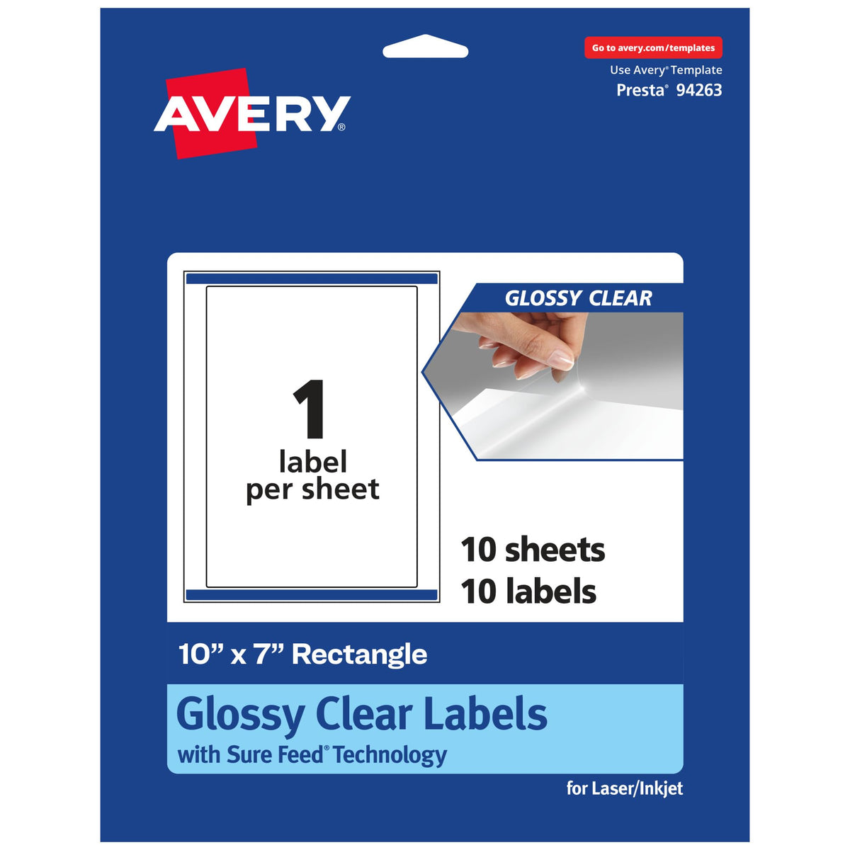 Avery® Glossy Clear Rectangle Labels, Sure Feed® Technology, 10" x 7", 10 Glossy Clear Labels, Laser/Inkjet Printable 10 labels