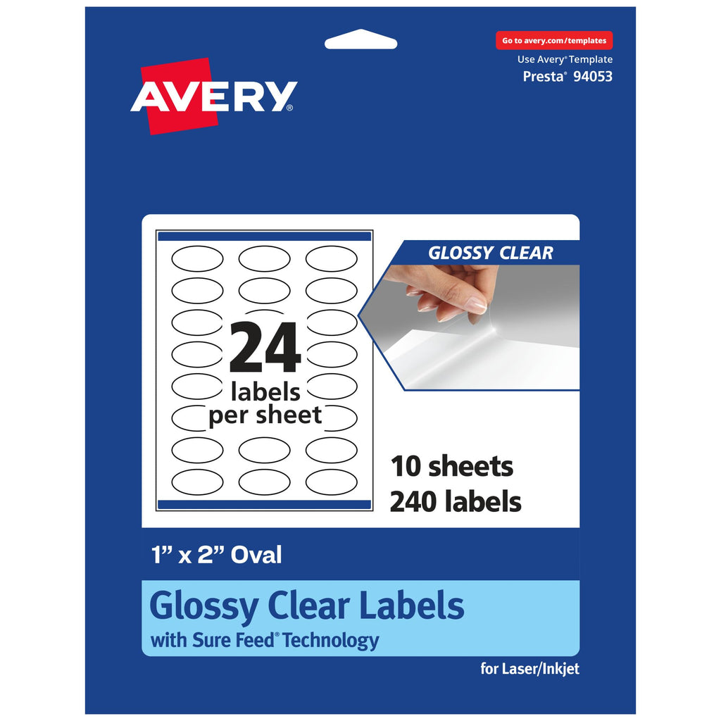 Avery® Glossy Clear Oval Labels, Sure Feed® Technology, 1" x 2", 240 Glossy Clear Labels, Print-to-The-Edge, Laser/Inkjet Printable 240 labels