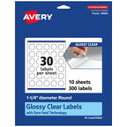 Avery® Glossy Clear Round Labels, Sure Feed® Technology, 1.25" Diameter, 300 Glossy Clear Labels, Print-to-The-Edge, Laser/Inkjet Printable 300 labels