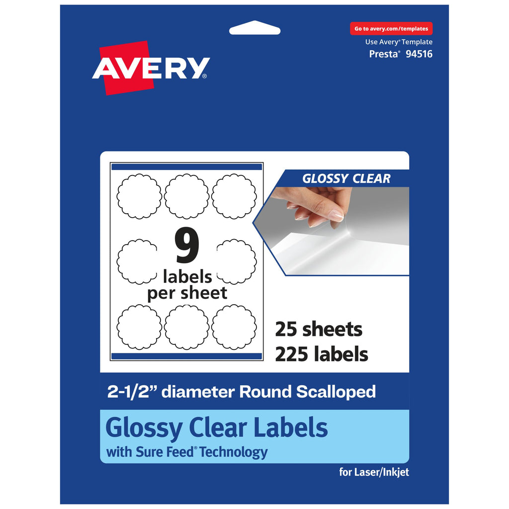 Avery® Glossy Clear Round Scalloped Labels, Sure Feed® Technology, 2.5" Diameter, 225 Glossy Clear Labels, Print-to-The-Edge, Laser/Inkjet Printable 225 labels