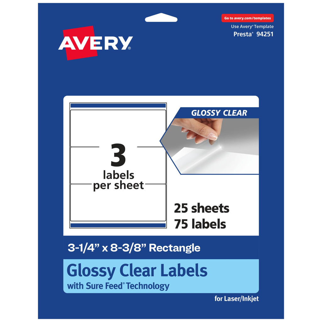 Avery® Glossy Clear Rectangle Labels, Sure Feed® Technology, 3-1/4" x 8-3/8", 75 Glossy Clear Labels, Laser/Inkjet Printable 75 labels