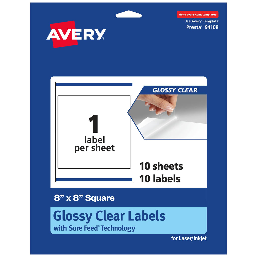 Avery® Glossy Clear Square Labels, Sure Feed® Technology, 8" x 8", 10 Glossy Clear Labels, Laser/Inkjet Printable 10 labels