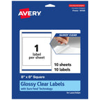 Avery® Glossy Clear Square Labels, Sure Feed® Technology, 8" x 8", 10 Glossy Clear Labels, Laser/Inkjet Printable 10 labels