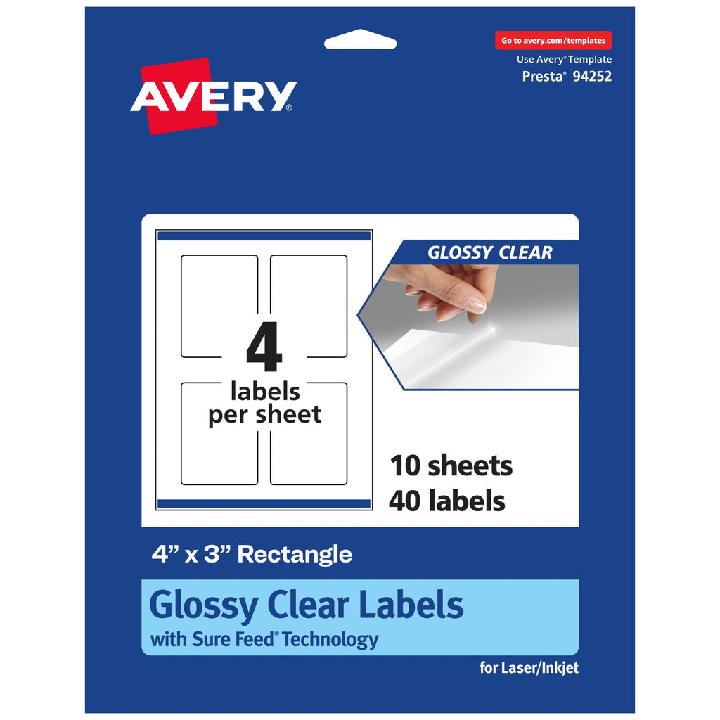 Avery® Glossy Clear Rectangle Labels, Sure Feed® Technology, 4" x 3", 40 Glossy Clear Labels, Print-to-The-Edge, Laser/Inkjet Printable 40 labels