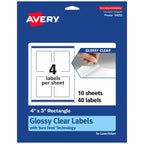 Avery® Glossy Clear Rectangle Labels, Sure Feed® Technology, 4" x 3", 40 Glossy Clear Labels, Print-to-The-Edge, Laser/Inkjet Printable 40 labels
