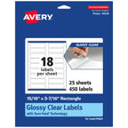 Avery® Glossy Clear Rectangle Labels, Sure Feed® Technology, 15/16" x 3-7/16", 450 Glossy Clear Labels, Laser/Inkjet Printable 450 labels