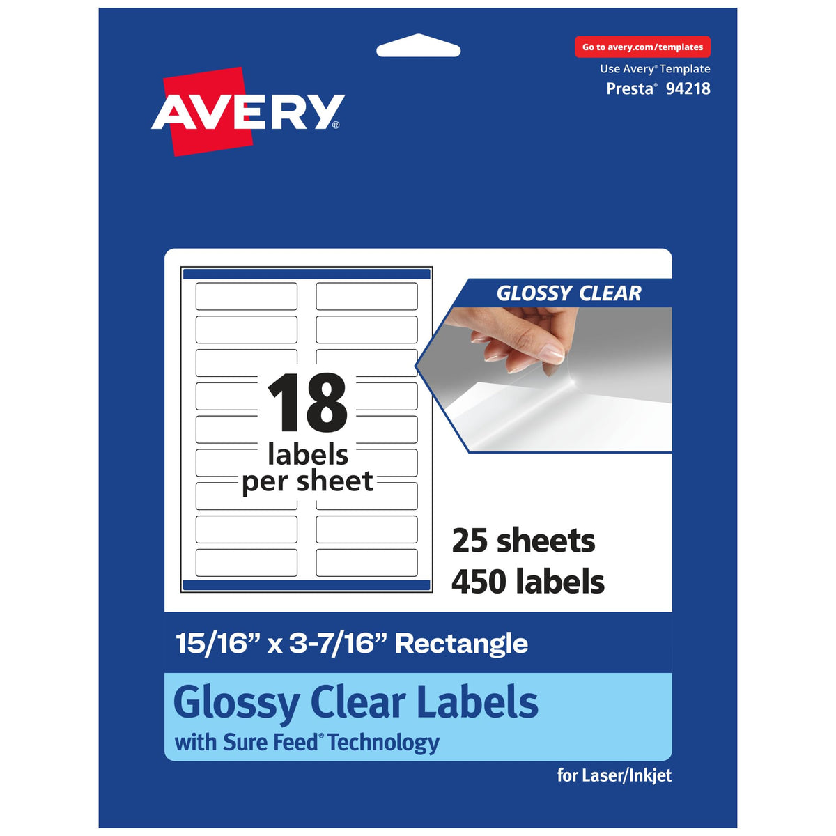 Avery® Glossy Clear Rectangle Labels, Sure Feed® Technology, 15/16" x 3-7/16", 450 Glossy Clear Labels, Laser/Inkjet Printable 450 labels