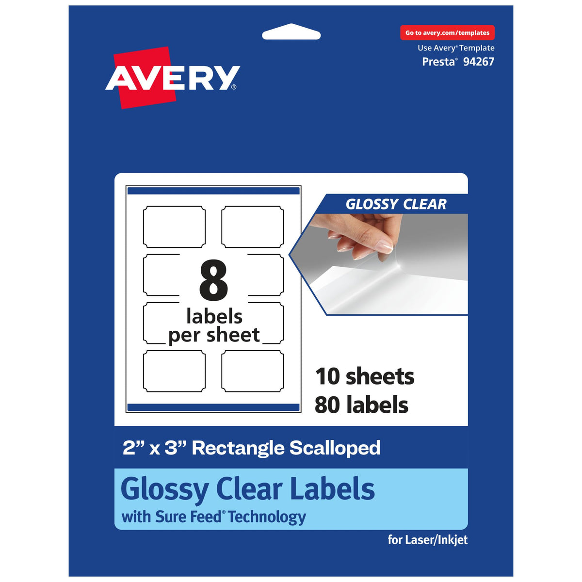 Avery® Glossy Clear Rectangle Scalloped Labels, Sure Feed® Technology, 2" x 3", 80 Glossy Clear Labels, Print-to-The-Edge, Laser/Inkjet Printable 80 labels