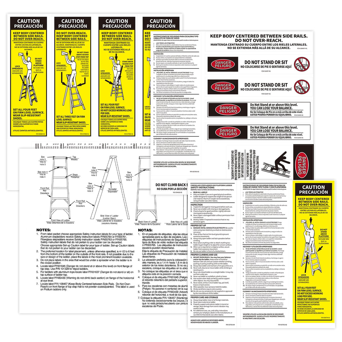 Set of 8 GRONGU safety labels for Werner fiberglass step ladders, includes weight and warning stickers for ladder safety compliance.