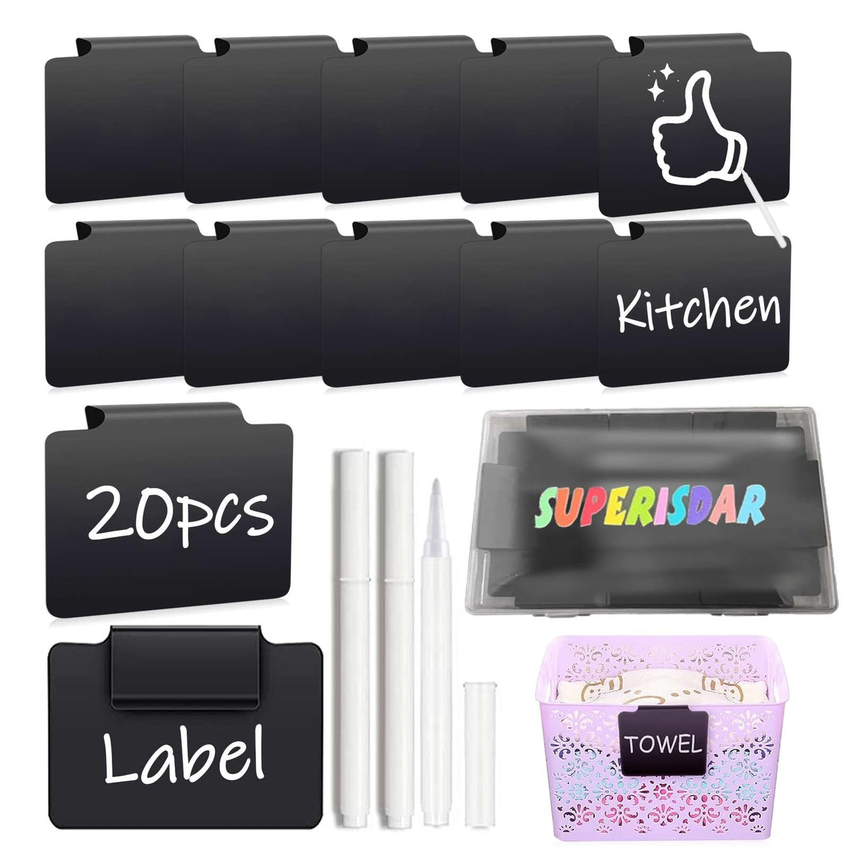 Basket Labels Clip with Plastic Storage Case &3 White Chalk board Markers for 24 Hanging Bins Pantry Organization Removable Small chalkboard Clips label Holder, Home Laundry Fabric Sorting 22PCS