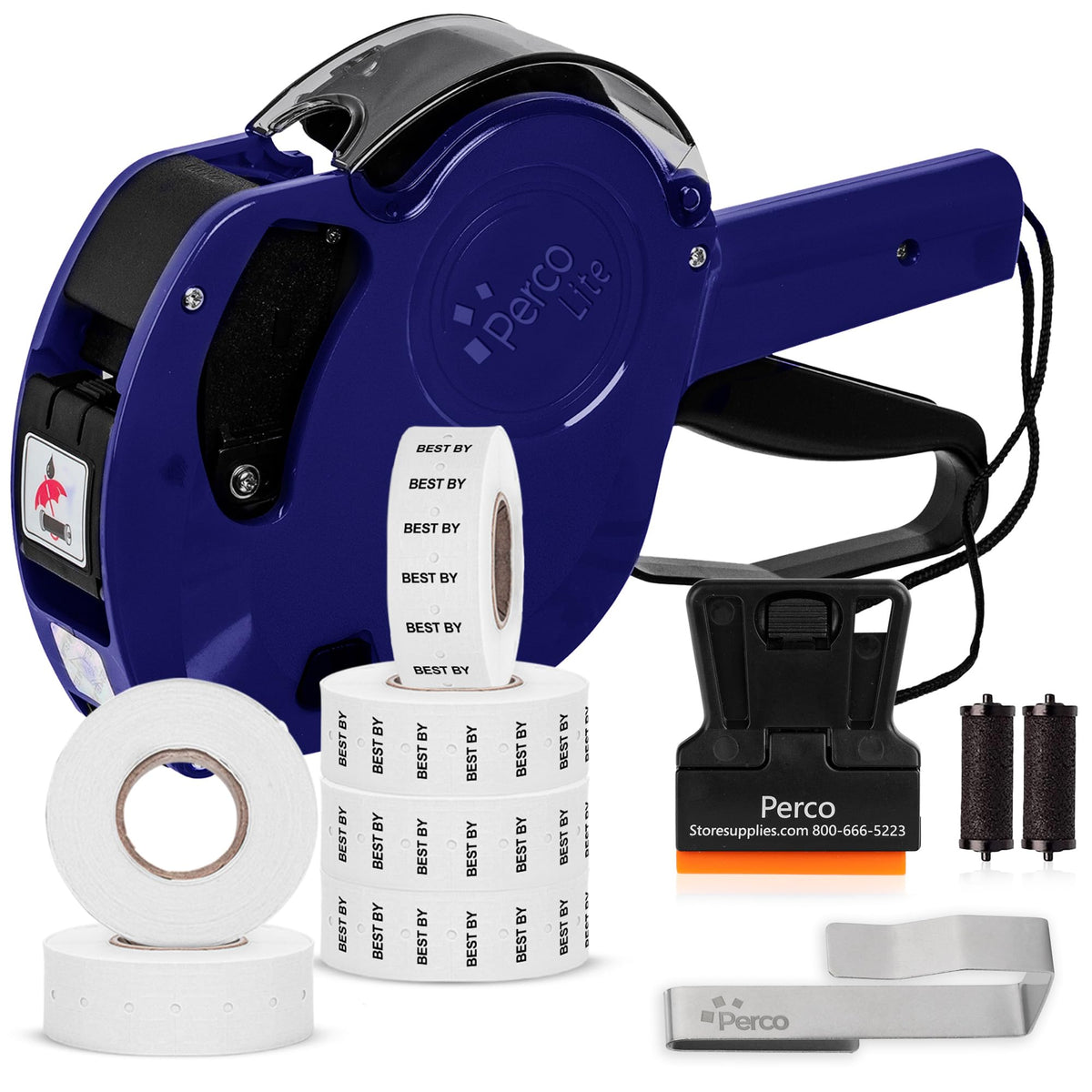 Perco Lite 1 Line Date Gun Kit for Retail Business – Includes 2 White Rolls, 4 Rolls of Best By Labels, Gun Clip & Ink Rollers – Pre-Loaded w Labels & Ink