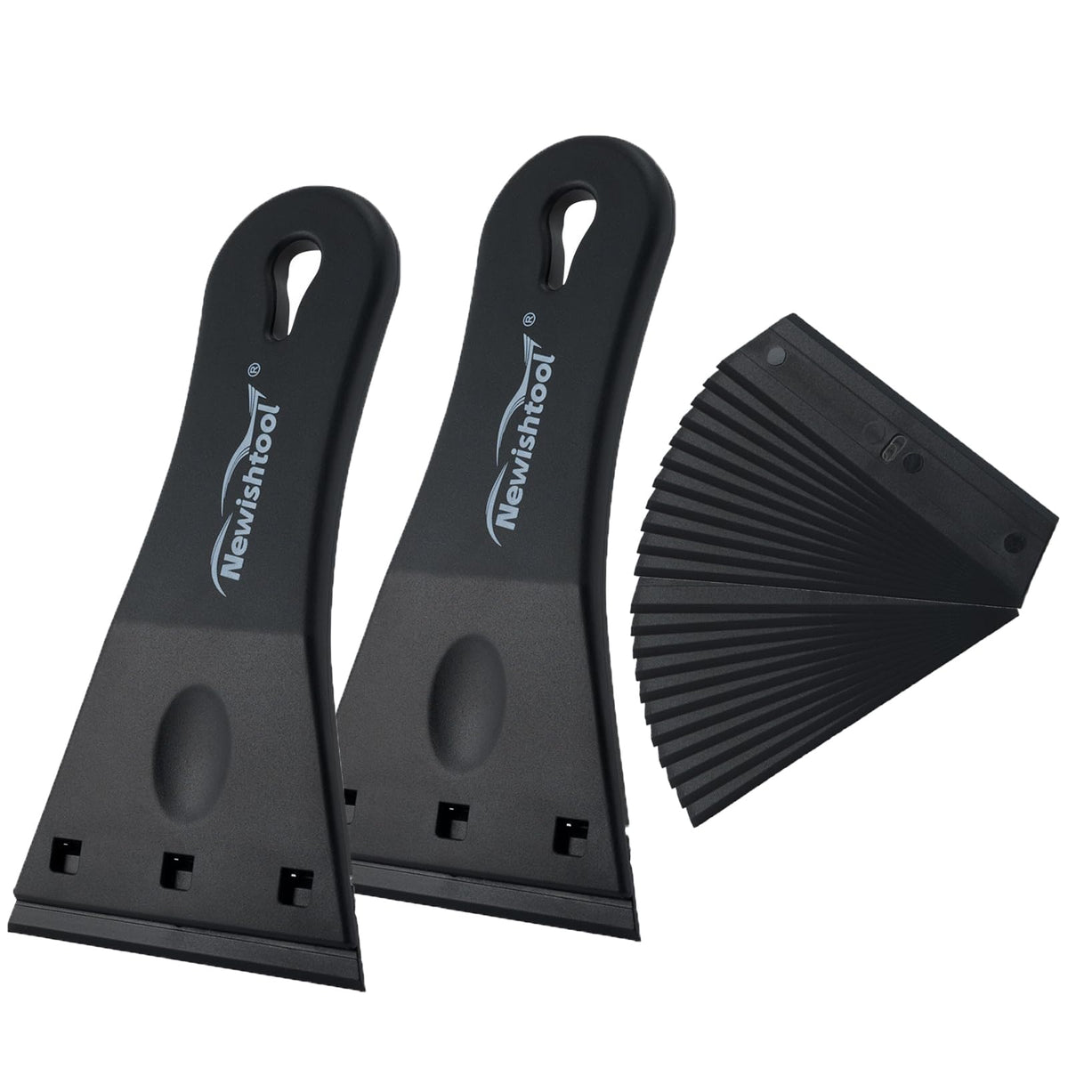 NEWISHTOOL plastic razor blade scraper with 3-inch blades, 2-pack, including 20 extra blades for glass, stickers, and adhesive removal.
