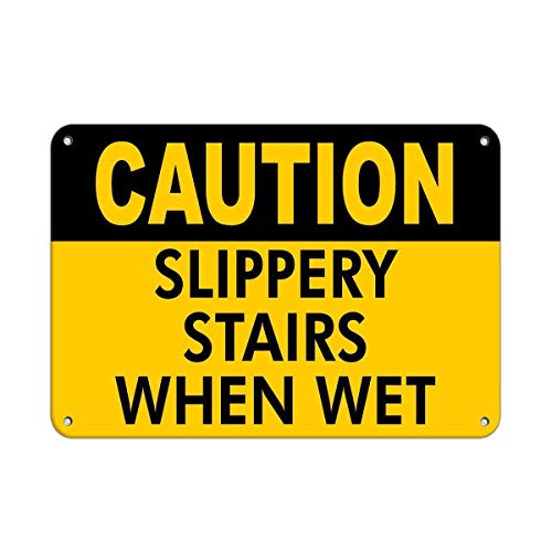 HCHANA Aluminum Metal Tin Sign 6x8 Inches Caution Slippery Stairs When Wet Yellow Industrial Warning Sign