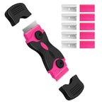 Pink DEKEones Razor Blade Scraper with double-edged blades and 10 replacement blades, used for glass, decals, paint, and adhesive removal