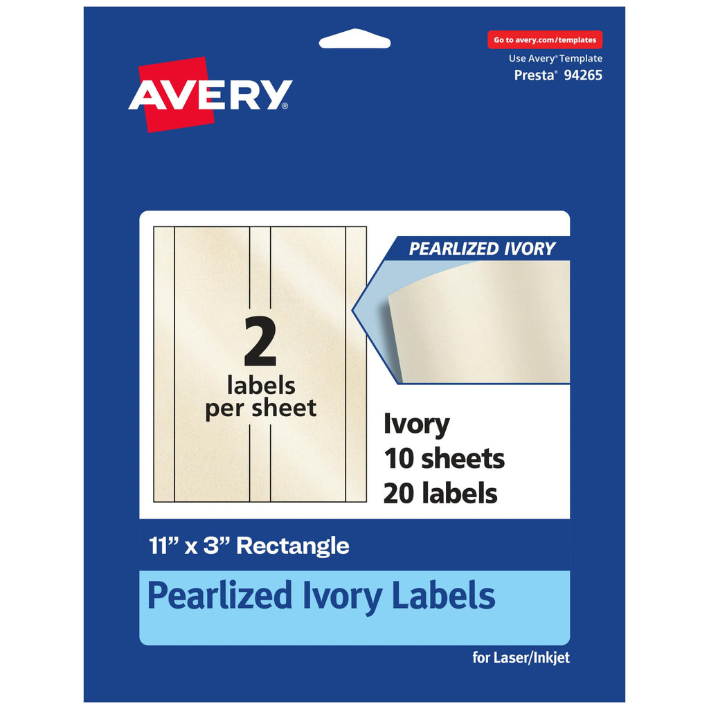 Avery® Pearlized Ivory Rectangle Labels, 11" x 3", 20 Pearlized Ivory Labels, Laser/Inkjet Printable 20 labels