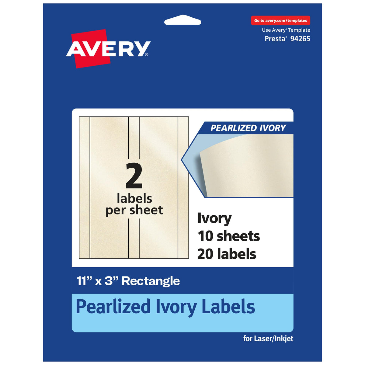 Avery® Pearlized Ivory Rectangle Labels, 11" x 3", 20 Pearlized Ivory Labels, Laser/Inkjet Printable 20 labels