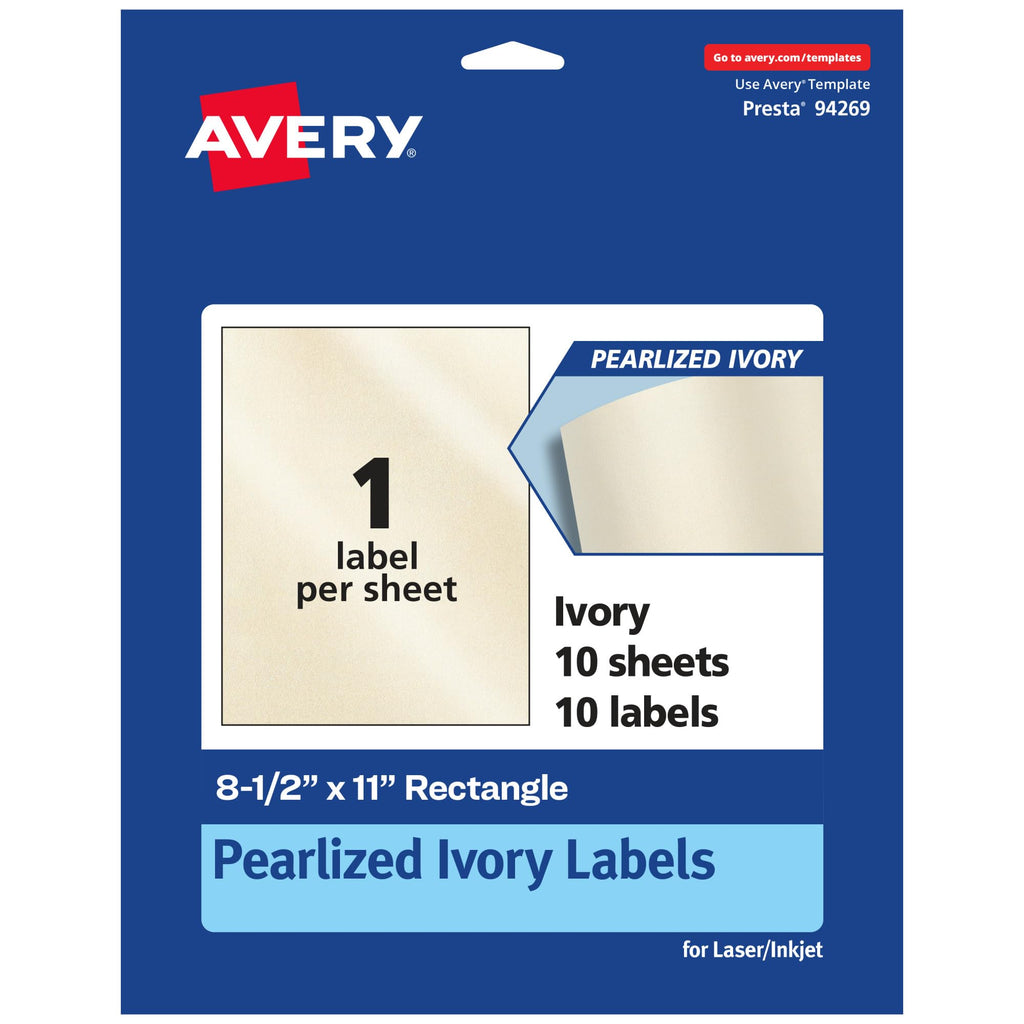 Avery® Pearlized Ivory Rectangle Labels, 8.5" x 11", 10 Pearlized Ivory Labels, Laser/Inkjet Printable 10 labels
