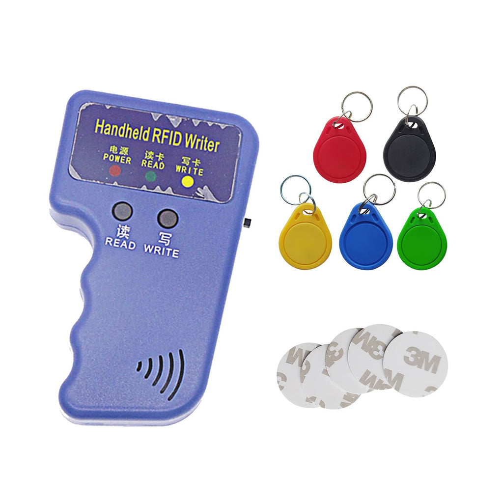 Riversmerge handheld RFID card duplicator with T5577 and EM4305 chips, includes keychains, sticker coins, and a user interface.