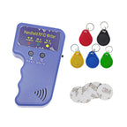 Riversmerge handheld RFID card duplicator with T5577 and EM4305 chips, includes keychains, sticker coins, and a user interface.