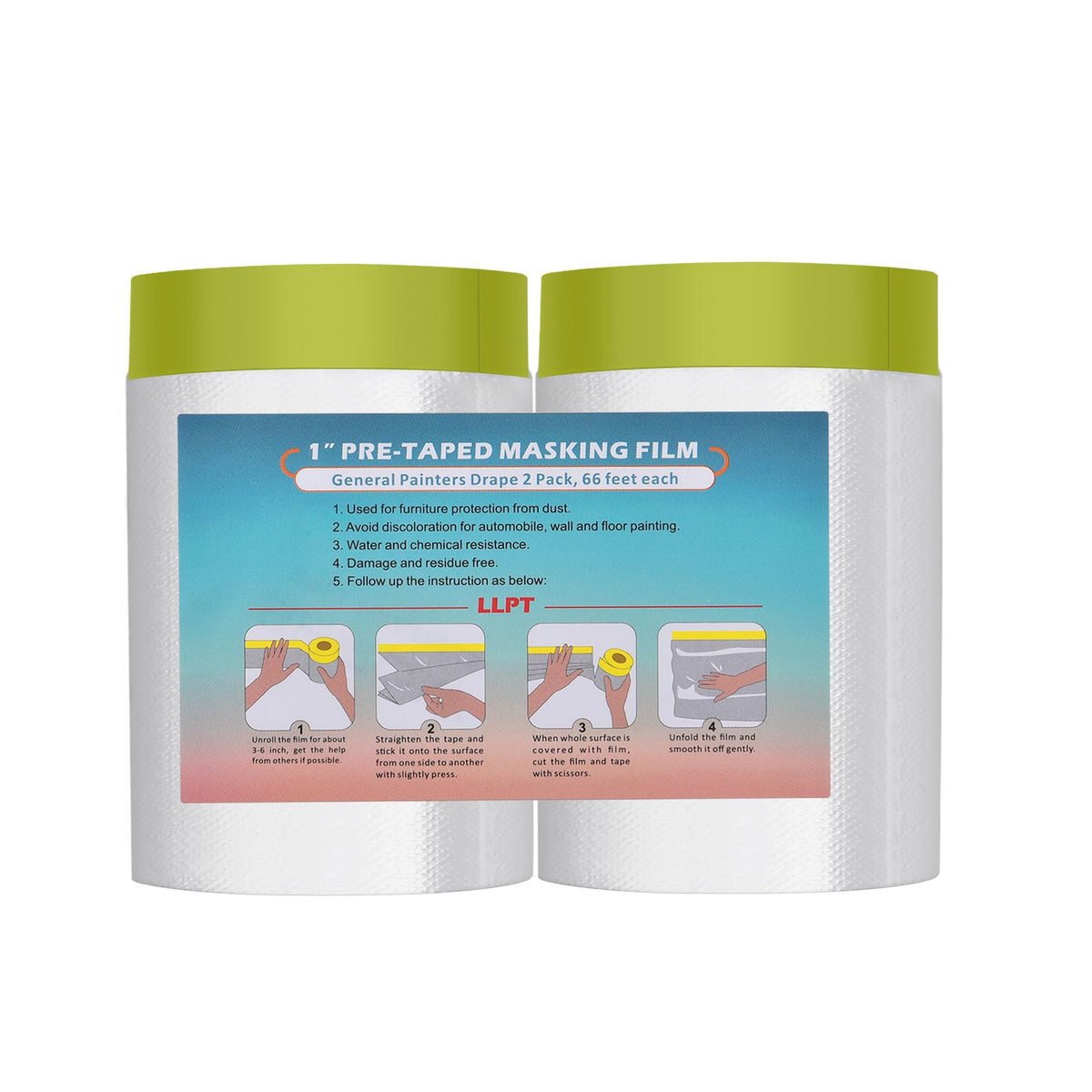 LLPT Tape and Drape 35.4”(Unfolded) x 66 Ft Each 2 Pack Pre-Taped Masking Film 0.31 Mil Painters Plastic Drop Cloth for Auto Wall Furniture Painting Protection (MFTG920) 35.4 Inch x 66 Ft