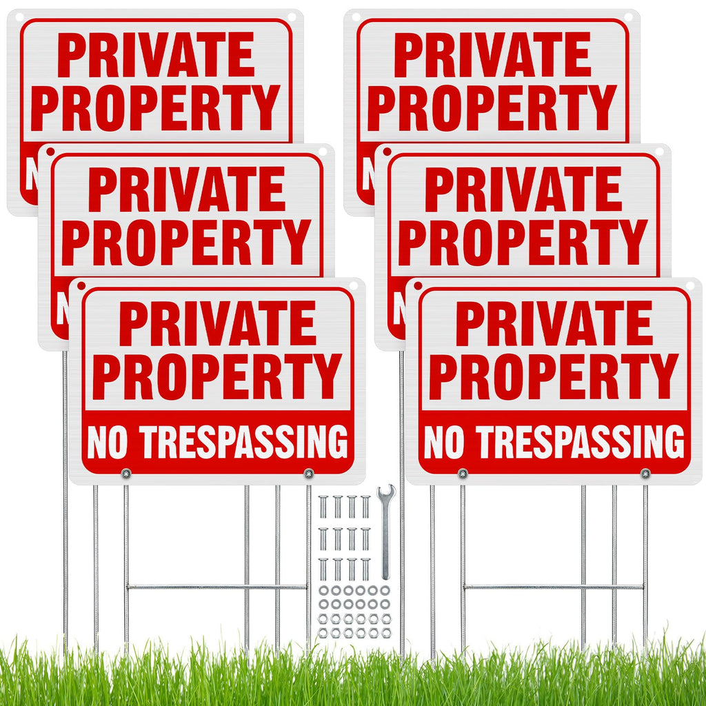 Zonon 6 Pack Metal No Trespassing Sign 12 x 8 Inch Private Property Word with H Stake Reflective Aluminum Security Weatherproof Outdoor Metal Outdoor Keep out Sign, Easy to Mount(Red) Red