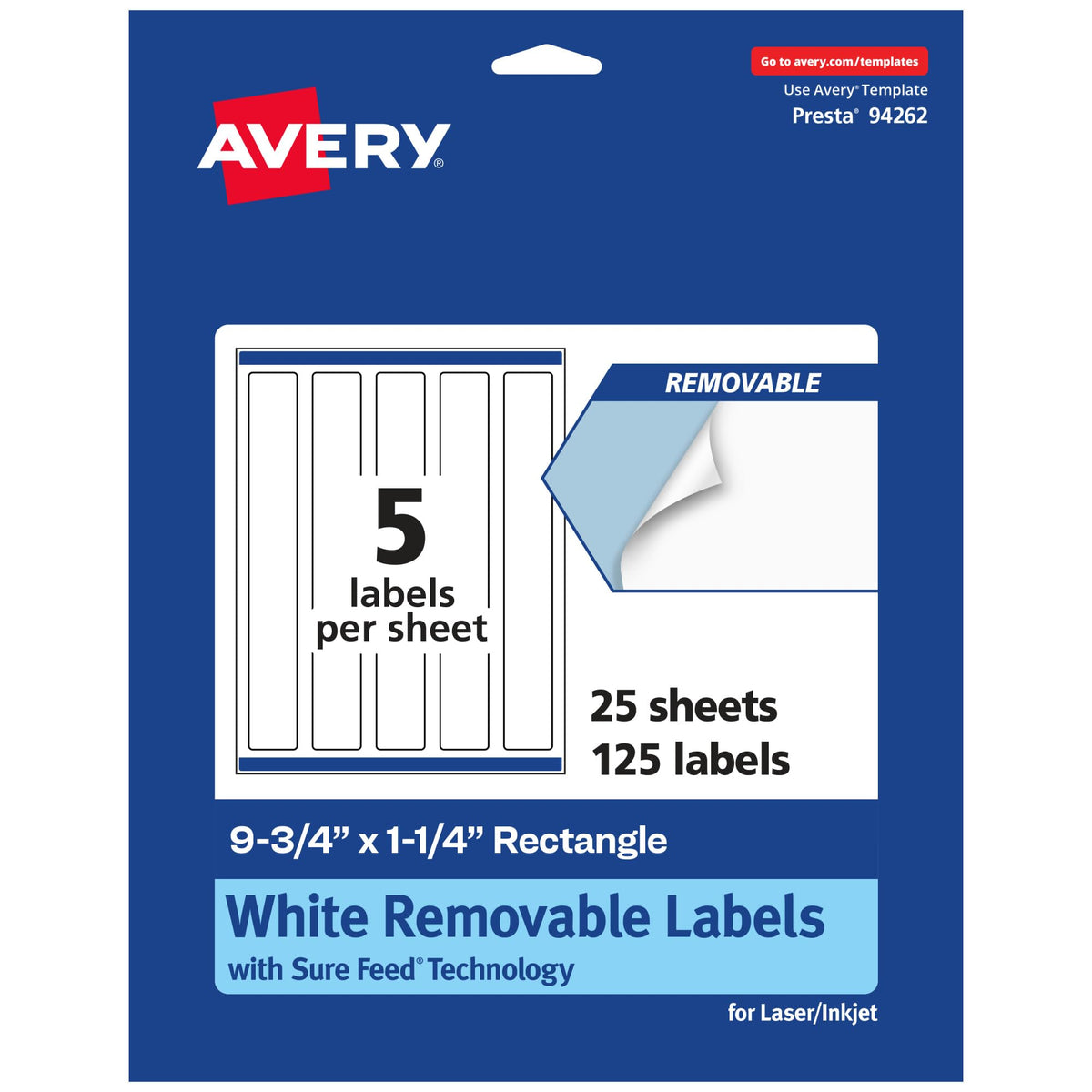 Avery Matte White Removable Rectangle Labels, Sure Feed Technology, Print-to-The-Edge, 9.75" x 1.25", 125 Removable Labels, Laser/Inkjet Printable 125 labels