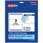 Avery® Matte White Removable Rectangle Labels, Sure Feed® Technology, 3-1/4" x 8-3/8", 75 Removable Labels, Laser/Inkjet Printable 75 labels