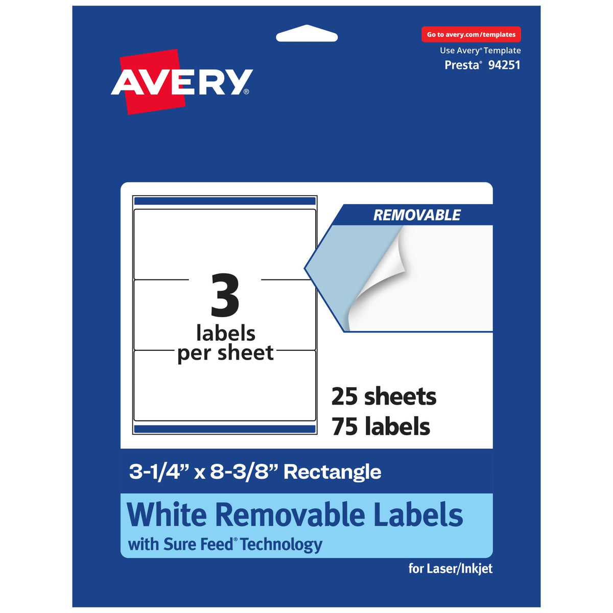 Avery® Matte White Removable Rectangle Labels, Sure Feed® Technology, 3-1/4" x 8-3/8", 75 Removable Labels, Laser/Inkjet Printable 75 labels