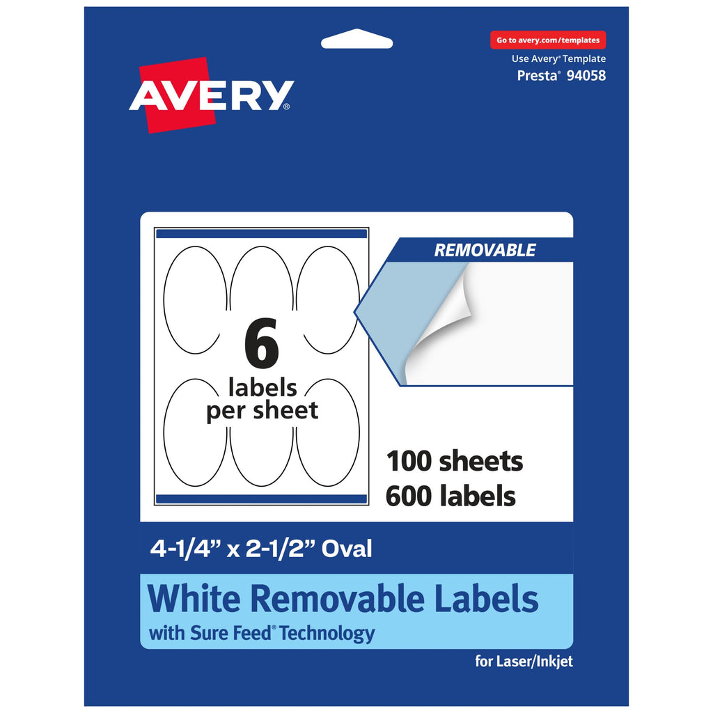 Avery Matte White Removable Oval Labels, Sure Feed Technology, 4.25" x 2.5", 600 Removable Labels, Laser/Inkjet Printable 600 labels