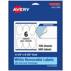Avery Matte White Removable Oval Labels, Sure Feed Technology, 4.25" x 2.5", 600 Removable Labels, Laser/Inkjet Printable 600 labels