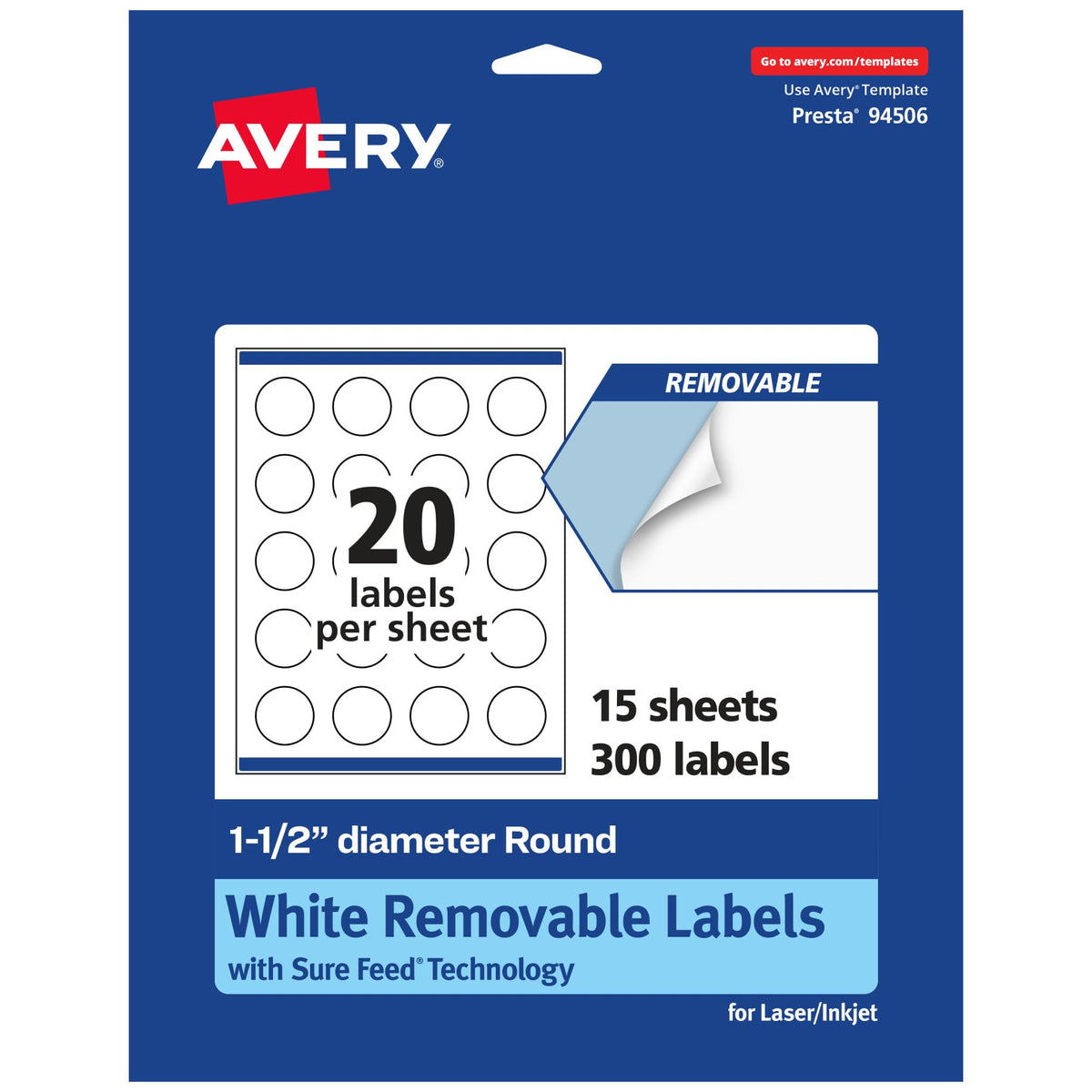 Avery Matte White Removable Round Labels with Sure Feed Technology, 1.5" Diameter, 300 Labels, Laser/Inkjet Printable 1-1/2" Diameter 300 Count