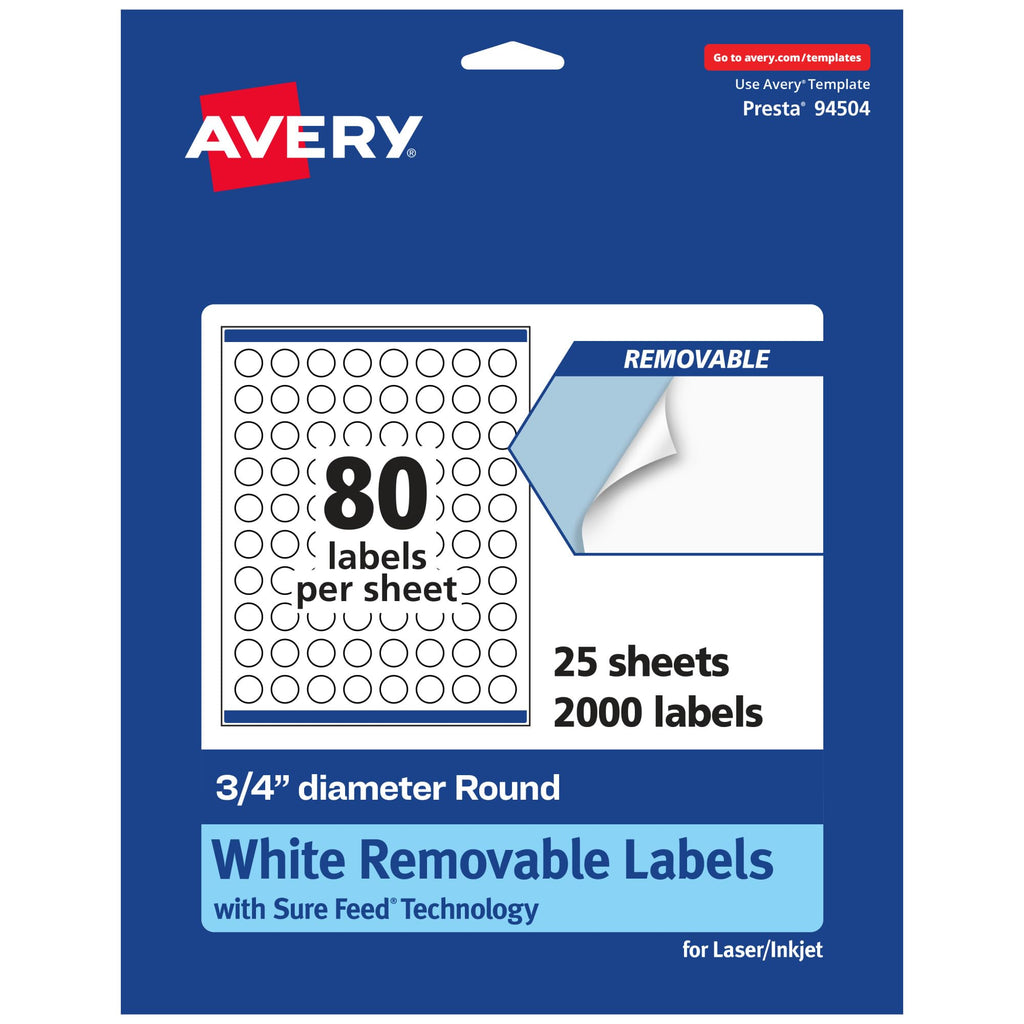 Avery Matte White Removable Round Labels, Sure Feed Technology, Print-to-The-Edge, 0.75" Diameter, 2,000 Removable Labels, Laser/Inkjet Printable 2,000 labels