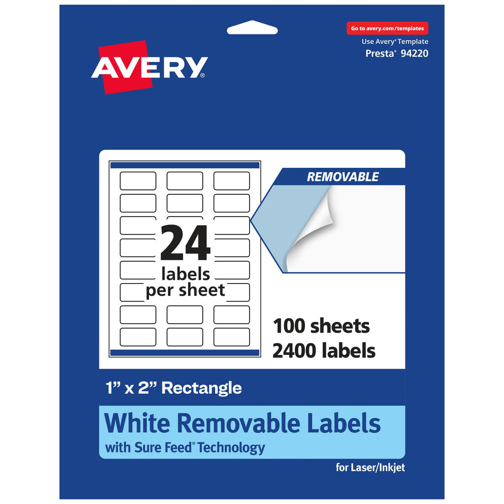 Avery® Matte White Removable Rectangle Labels, Sure Feed® Technology, Print-to-The-Edge, 1" x 2", 2,400 Removable Labels, Laser/Inkjet Printable 2,400 labels