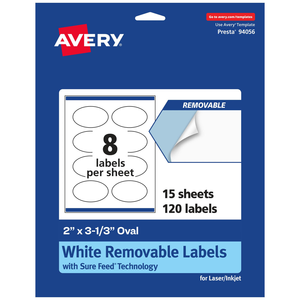 Avery® Matte White Removable Oval Labels, Sure Feed® Technology, Print-to-The-Edge, 2" x 3-1/3", 120 Removable Labels, Laser/Inkjet Printable 120 labels