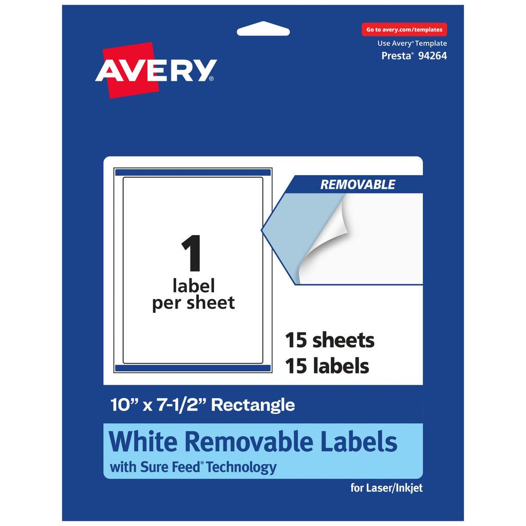Avery Matte White Removable Rectangle Labels, Sure Feed Technology, 10" x 7.5", 15 Removable Labels, Laser/Inkjet Printable 15 labels
