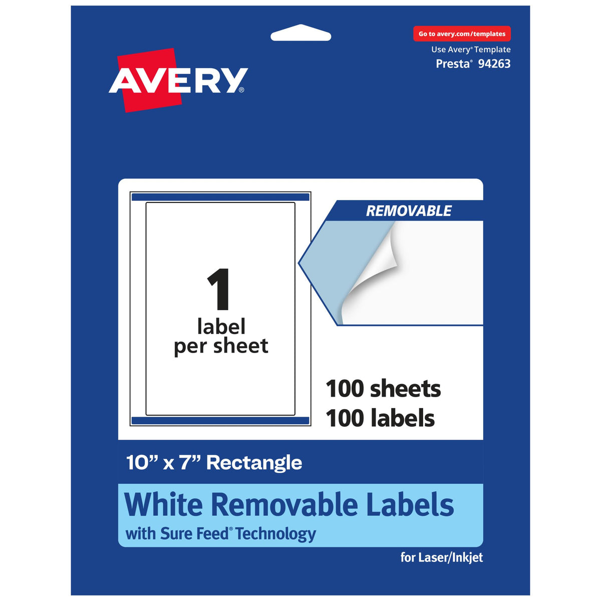 Avery® Matte White Removable Rectangle Labels, Sure Feed® Technology, 10" x 7", 100 Removable Labels, Laser/Inkjet Printable 100 labels