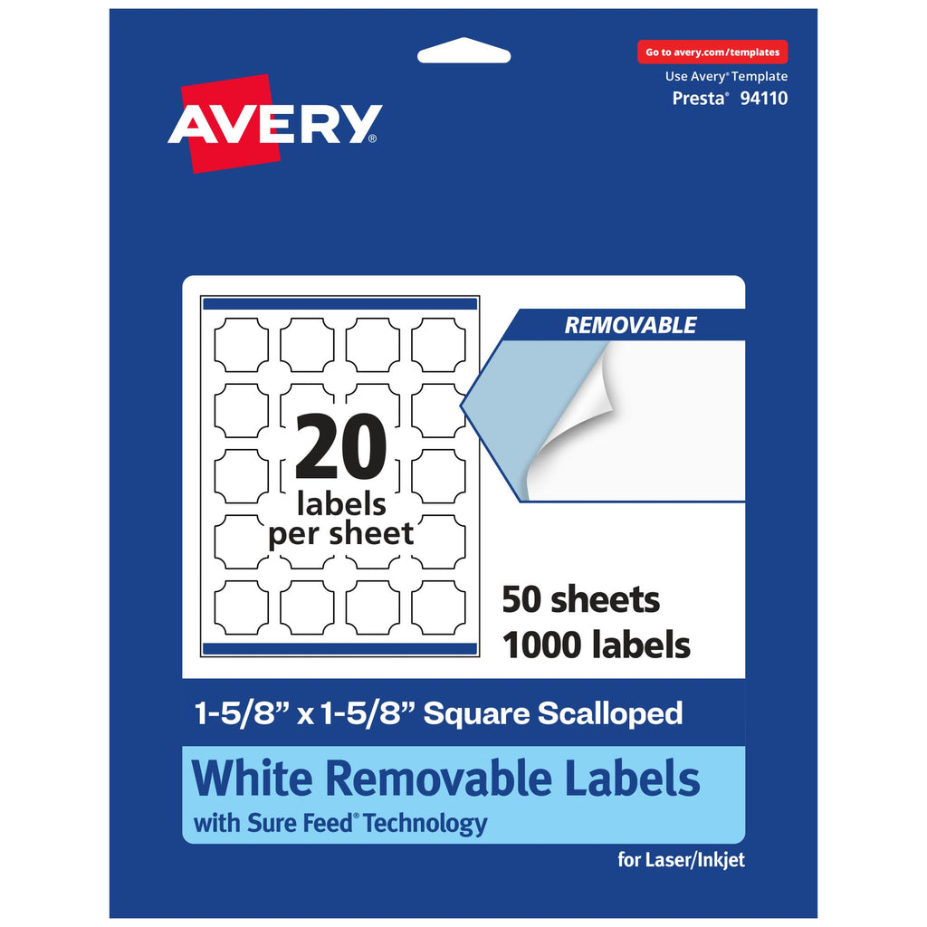 Avery® Matte White Removable Square Scalloped Labels, Sure Feed® Technology, Print-to-The-Edge, 1-5/8" x 1-5/8", 1,000 Removable Labels, Laser/Inkjet Printable 1,000 labels