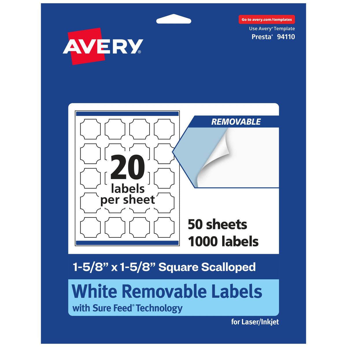 Avery® Matte White Removable Square Scalloped Labels, Sure Feed® Technology, Print-to-The-Edge, 1-5/8" x 1-5/8", 1,000 Removable Labels, Laser/Inkjet Printable 1,000 labels