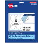 Avery Matte White Removable Oval Labels, Sure Feed Technology, Print-to-The-Edge, 4.25" x 3.25", 60 Removable Labels, Laser/Inkjet Printable 60 labels