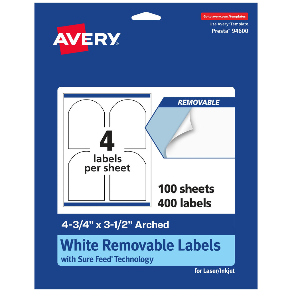 Avery Matte White Removable Arched Labels, Sure Feed Technology, Print-to-The-Edge, 4.75" x 3.5", 400 Removable Labels, Laser/Inkjet Printable 400 labels