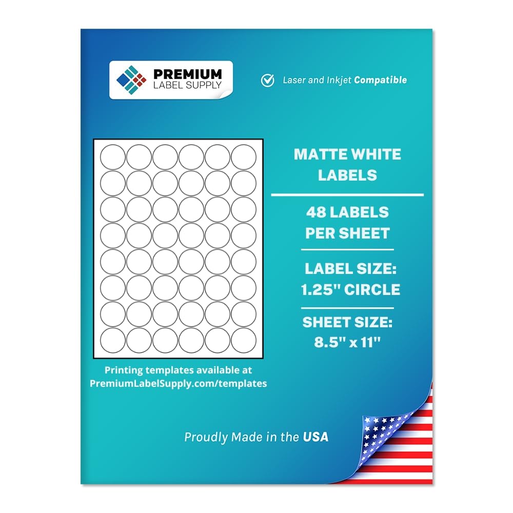Premium Label Supply White Sticker Round Labels – 1.25" Circle – Laser/Inkjet Compatible – (48 per Sheet), 100 Sheets – 4,800 Total Adhesive Labels 4800 Labels