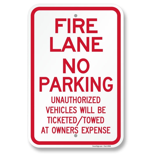 SmartSign Fire Lane No Parking Unauthorized Vehicles Towed Sign - 12" x 18", 120 mil Aluminum Composite (ACM), Engineer Grade Reflective Material, Red and White, Made in USA 12" x 18" ACM EG Reflective Aluminum