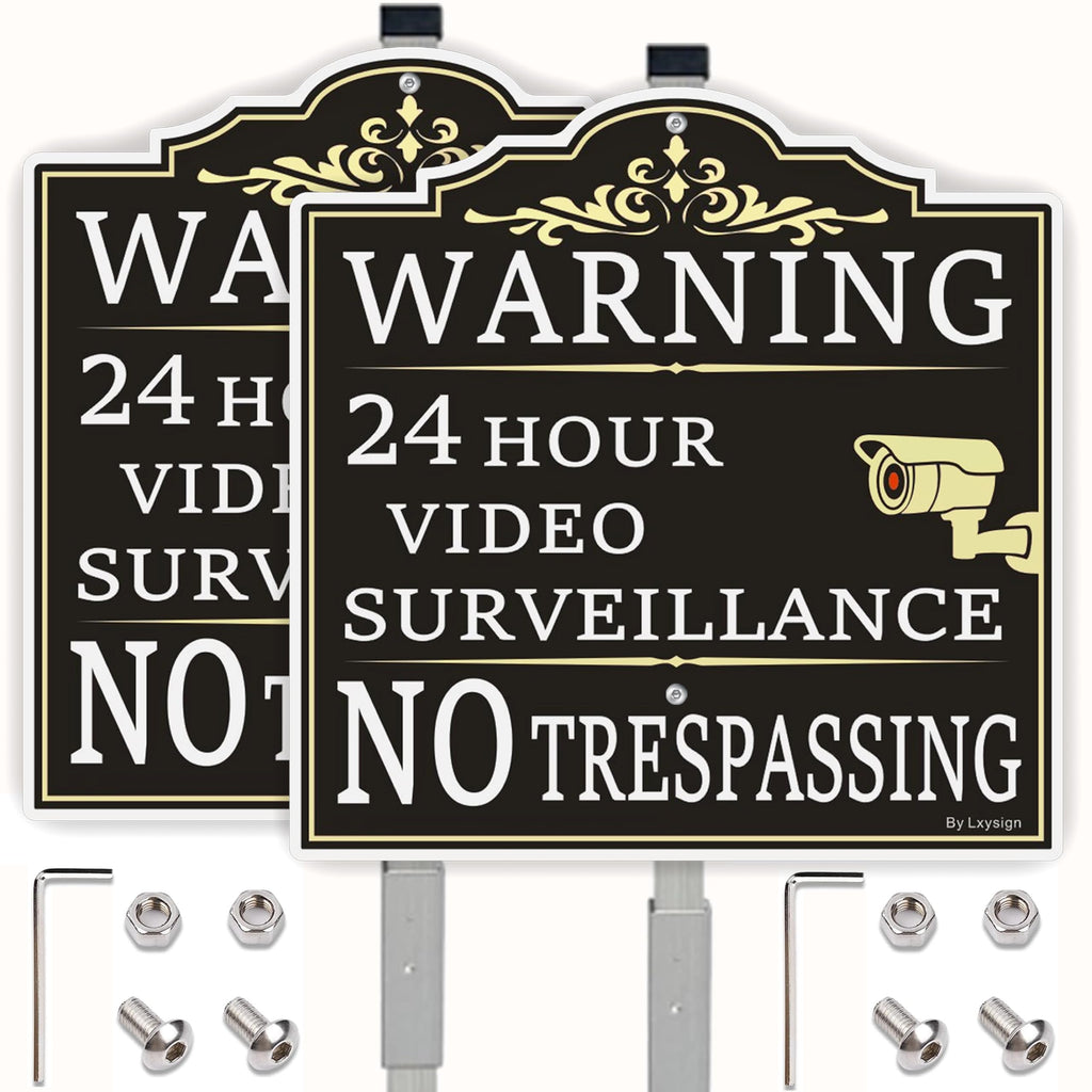 (2Pack) Large Video Surveillance Sign with Stake, No Trespassing Sign, 2pack with stake