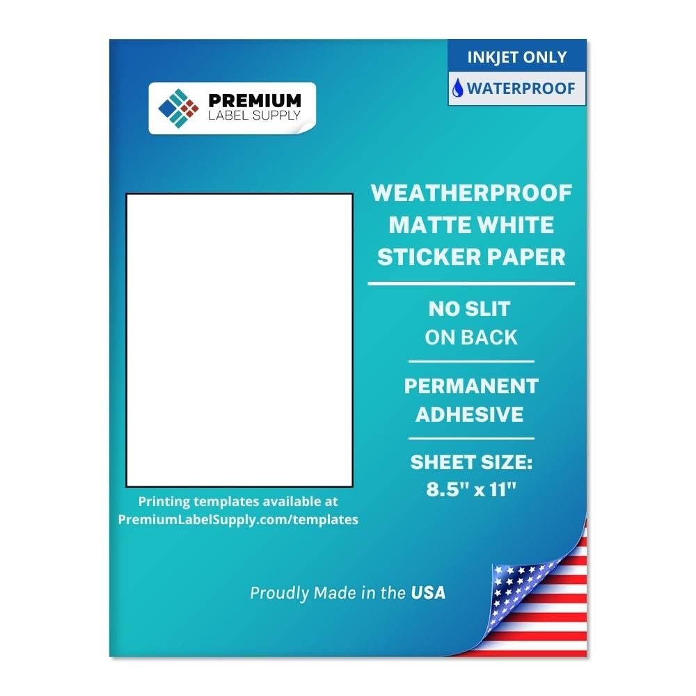 Premium Label Supply Waterproof White Inkjet Sticker Paper – 8.5" x 11" Full Sheet Labels – Inkjet Printers only – Similar to Vinyl – 25 Sheets
