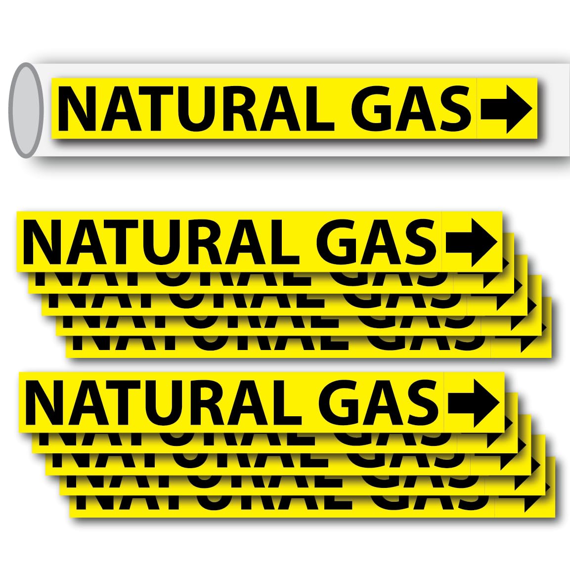 (10 Pack) Natural Gas Pipe Labels Stickers With Arrows, 1 x 8 Inch Self Sticking 6mil PVC Natural Gas Pipe Markers for Pipes, Inspections, Detector, Regulator and Heaters