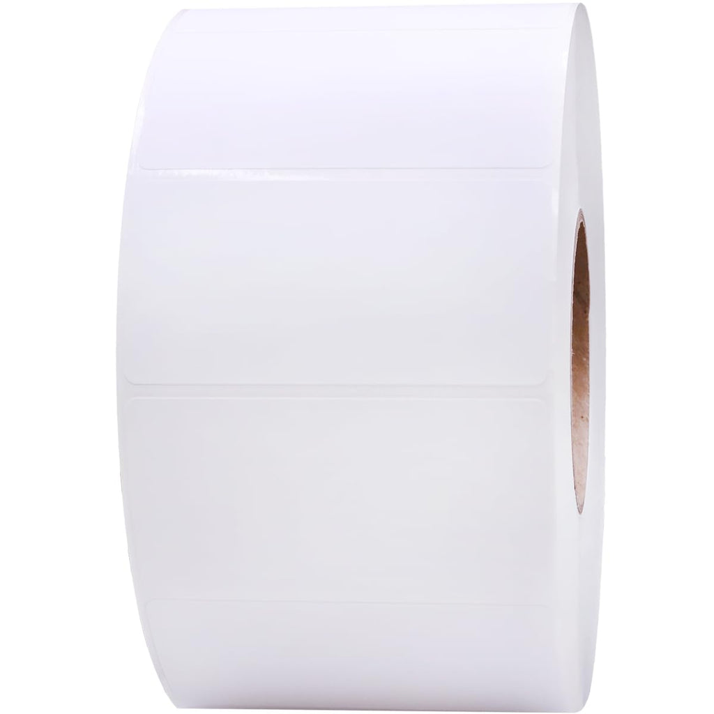 4 x 2 inch white perforated thermal labels with permanent adhesive, shown on a roll for industrial thermal printers.