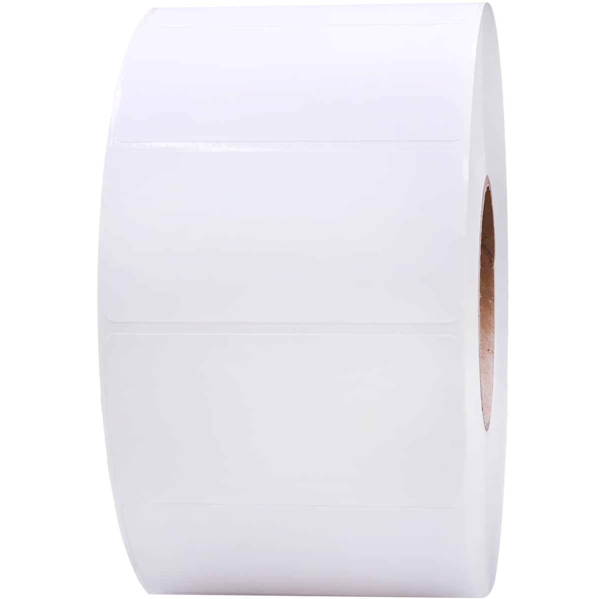 4 x 2 inch white perforated thermal labels with permanent adhesive, shown on a roll for industrial thermal printers.