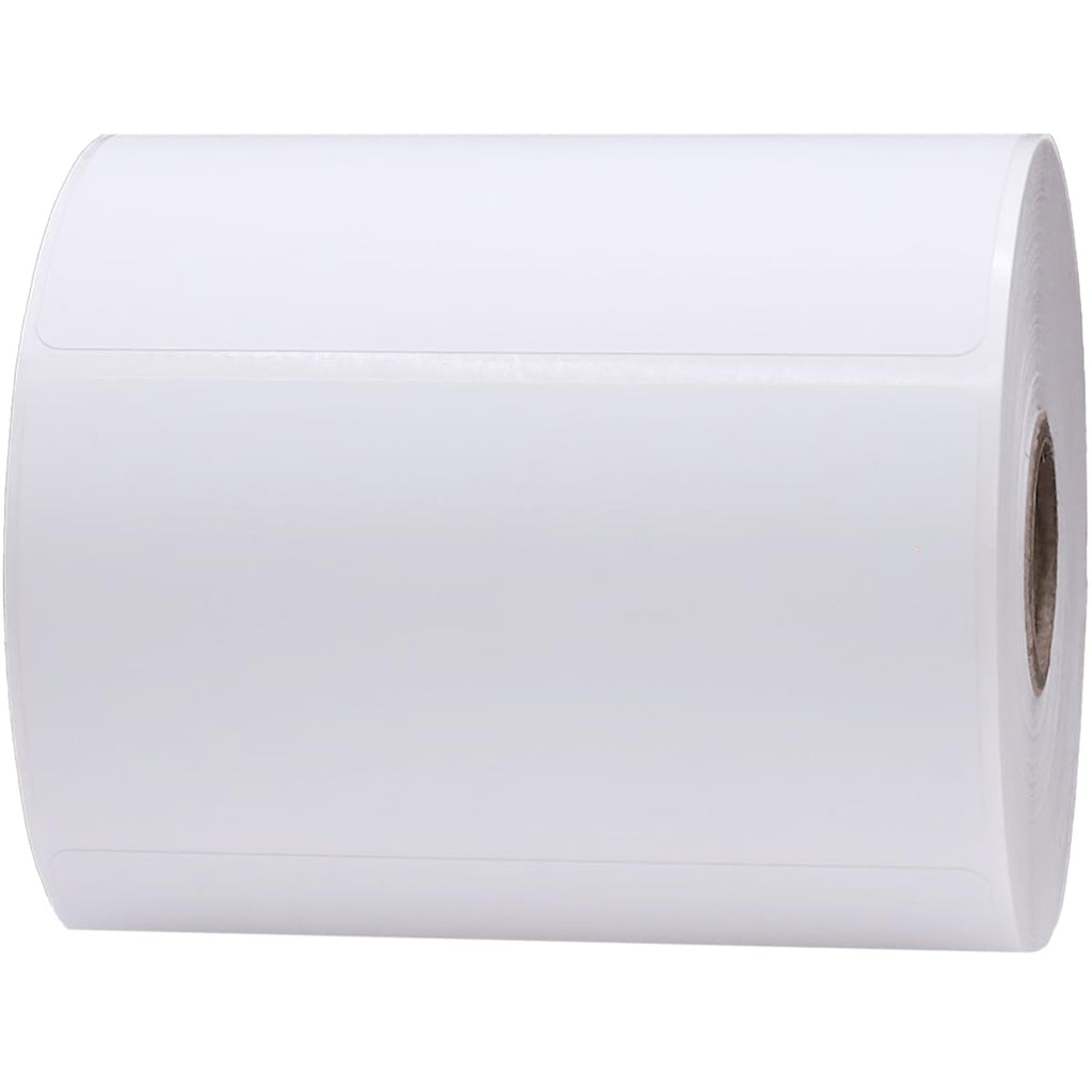 White 1-inch core shipping and handling labels with perforations, thermal paper, and permanent adhesive for thermal printers.