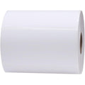 White 1-inch core shipping and handling labels with perforations, thermal paper, and permanent adhesive for thermal printers.