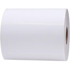 White 1-inch core shipping and handling labels with perforations, thermal paper, and permanent adhesive for thermal printers.
